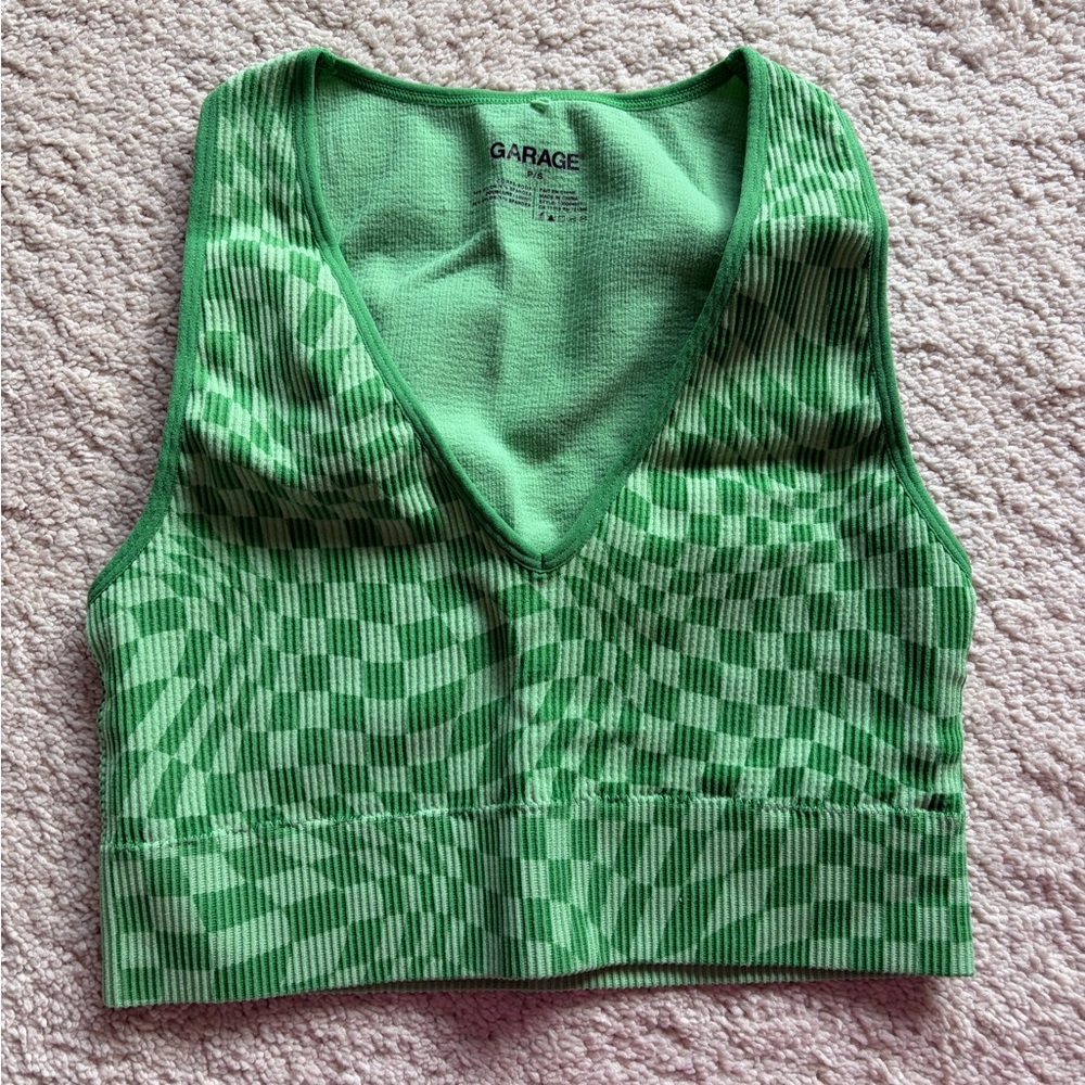 Garage Green Checker V-Neck Knit Crop Tank